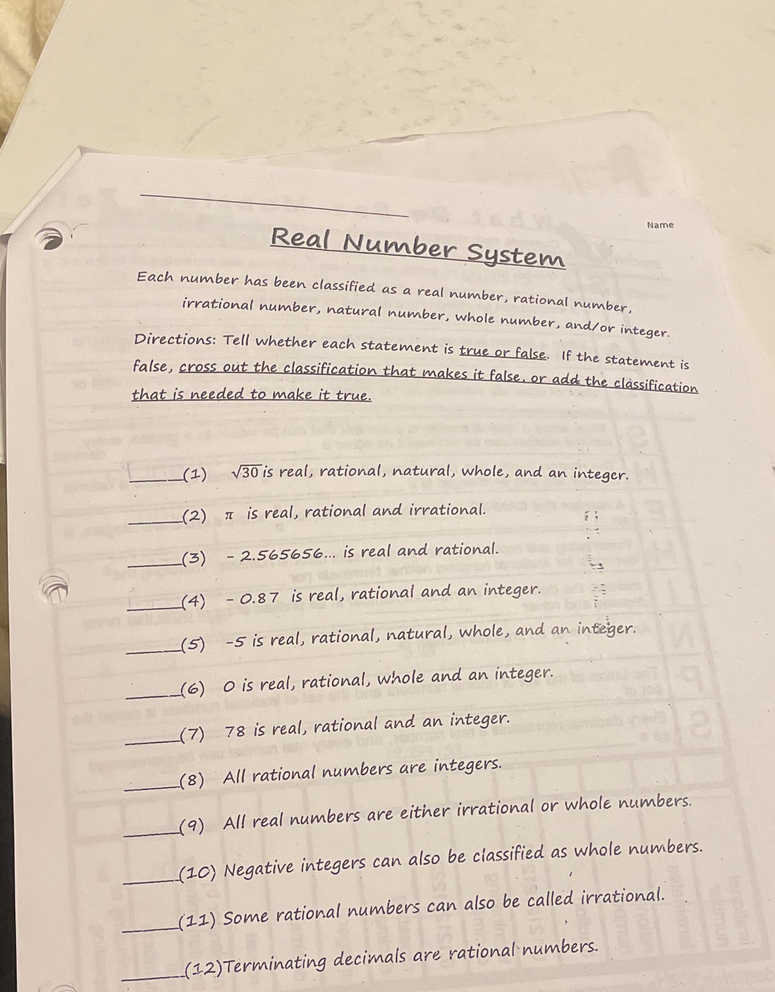 Answers please Name Real Number System Each