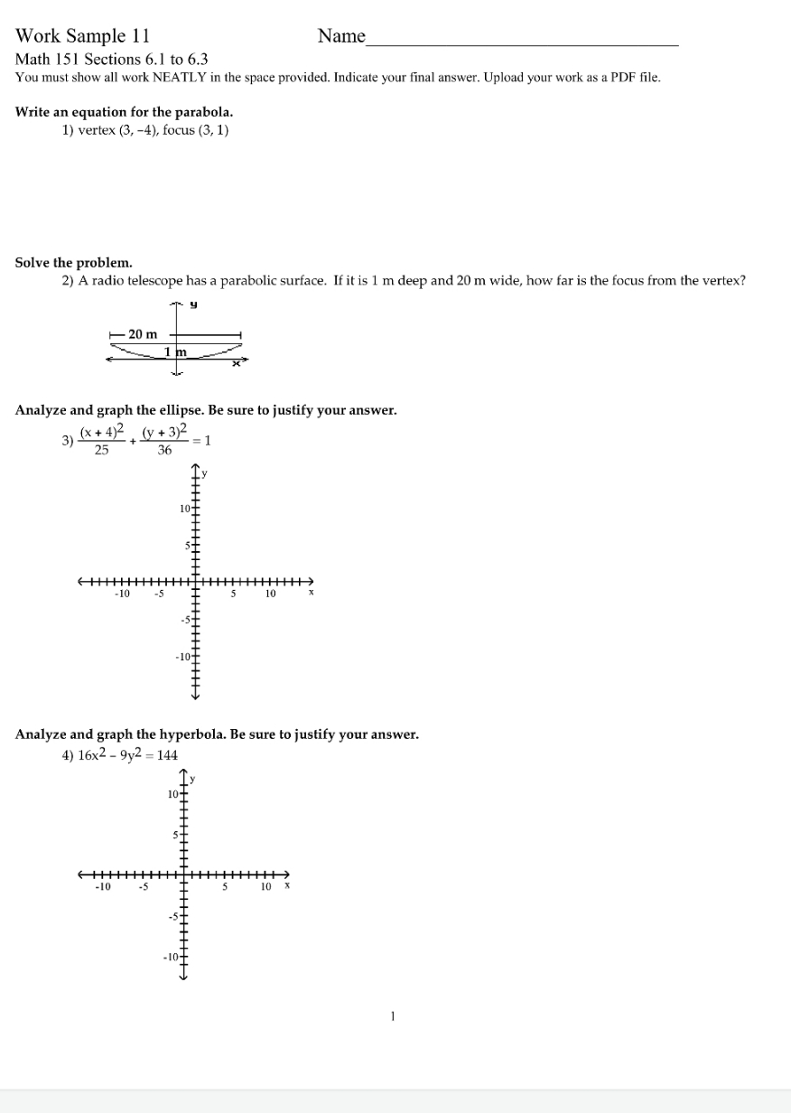 best answers Work Sample 11 Name Math 151