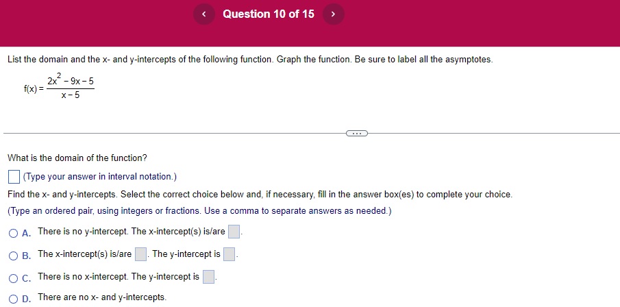 Question 10 of 15 List the domain and the x and