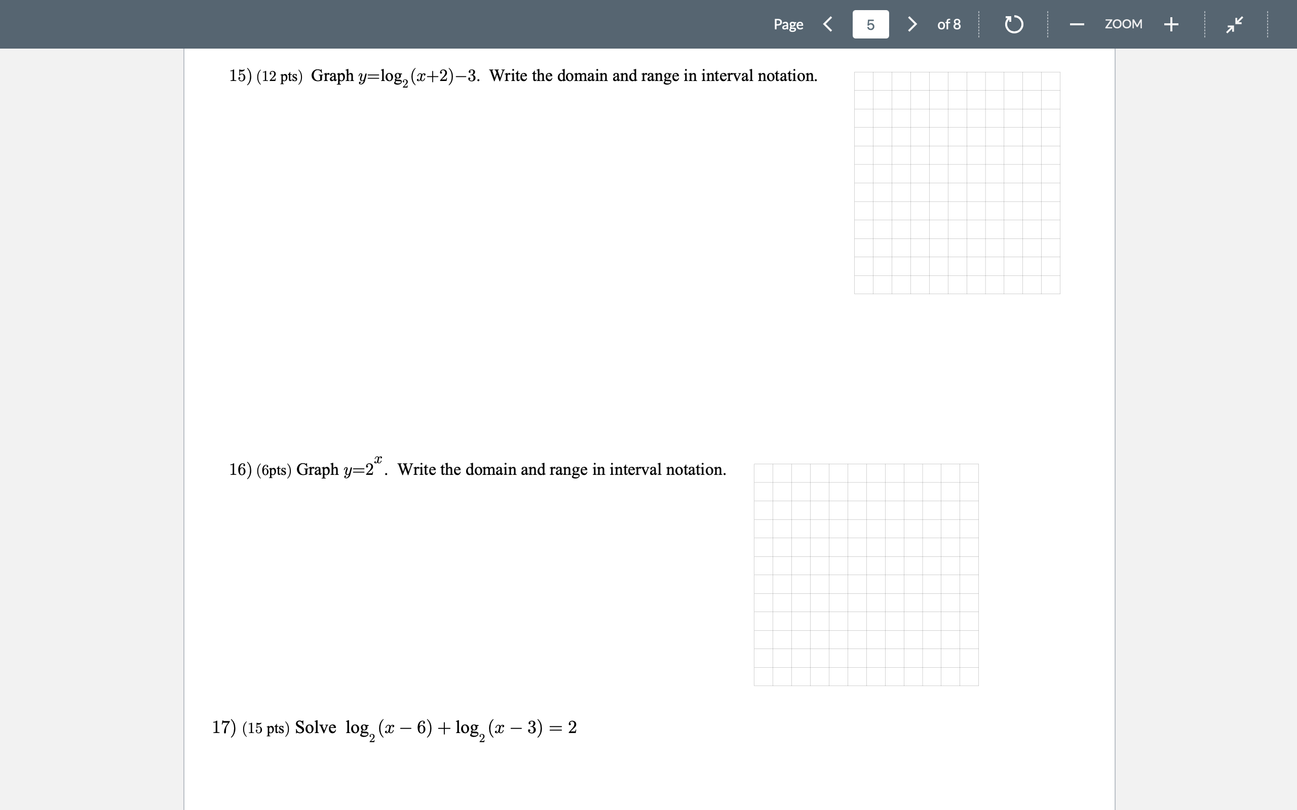 15) (12 pts) Graph y=log2 (x+2)3. Write the