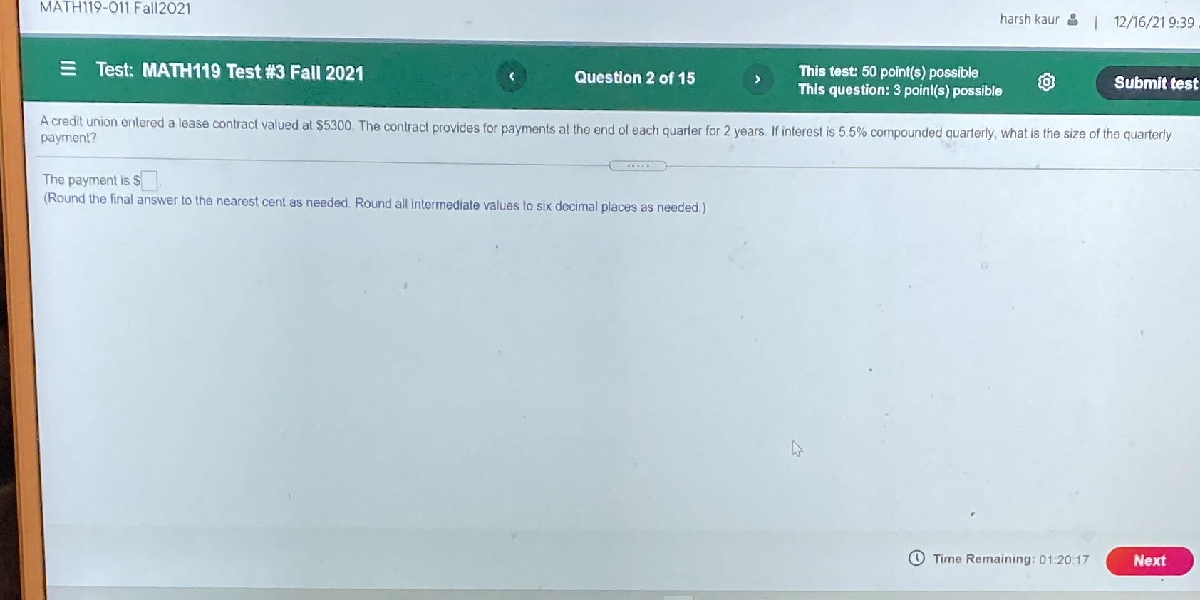 MATH119-011 Fall2021 harsh kaur 12/16/219:39