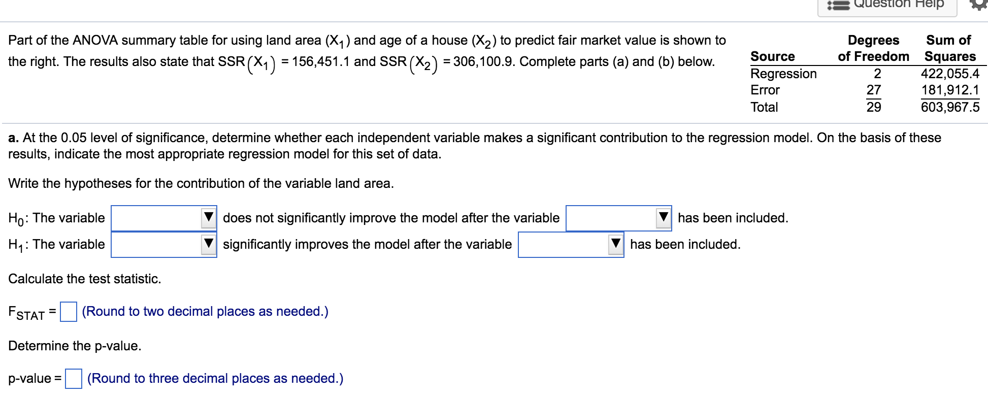 Part of the ANOVA summary table for using land
