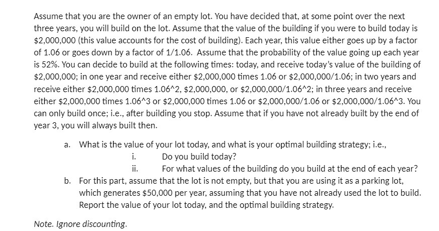 Assume that you are the owner of an empty lot.