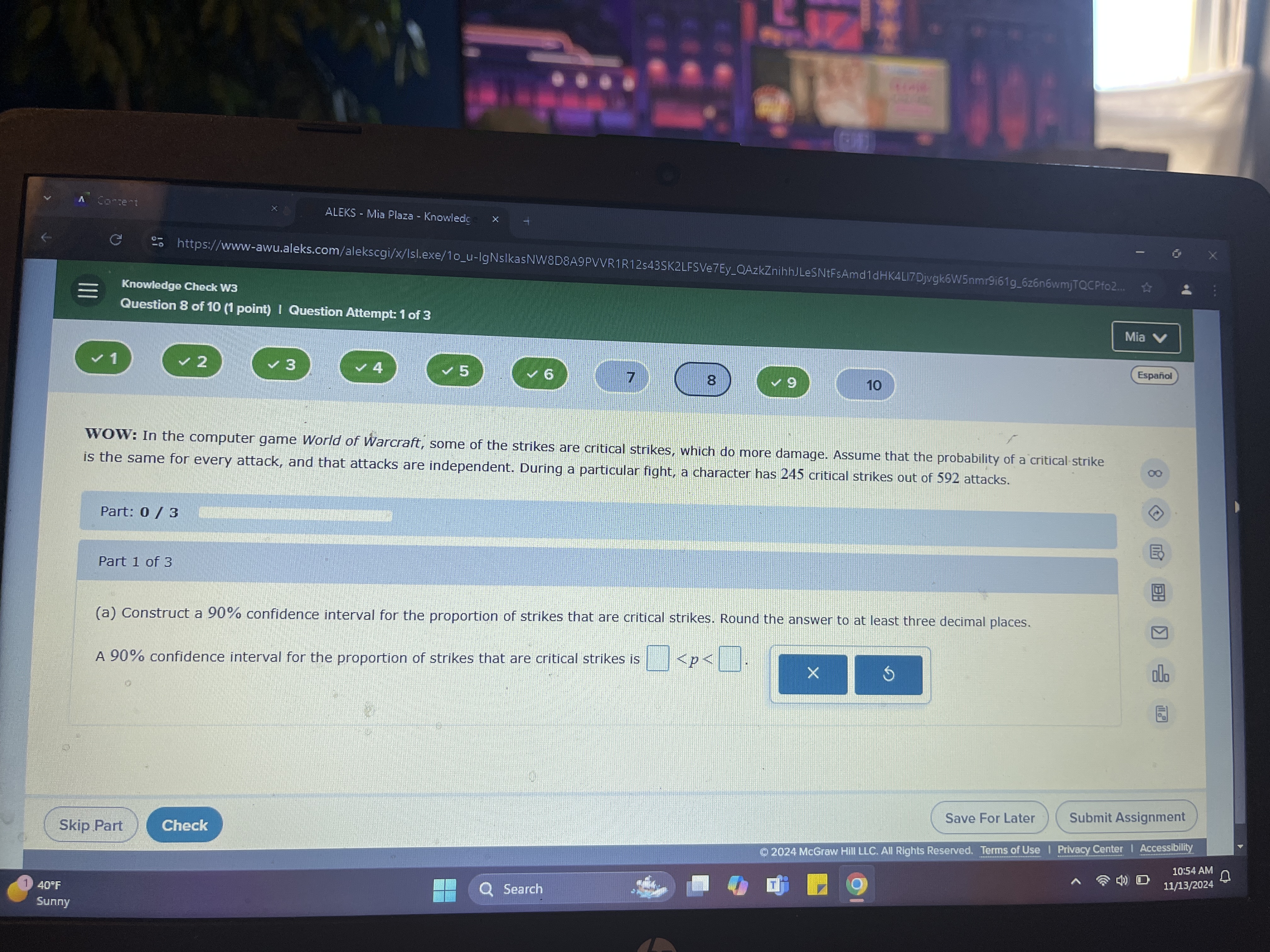 f Knowledge Check W3 " Question8of10 (1 point) |