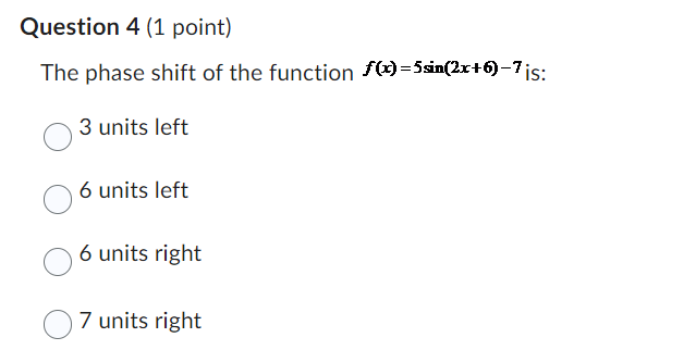Question 3 (1 point) f(x) =15cos 05(x-2) +3 The