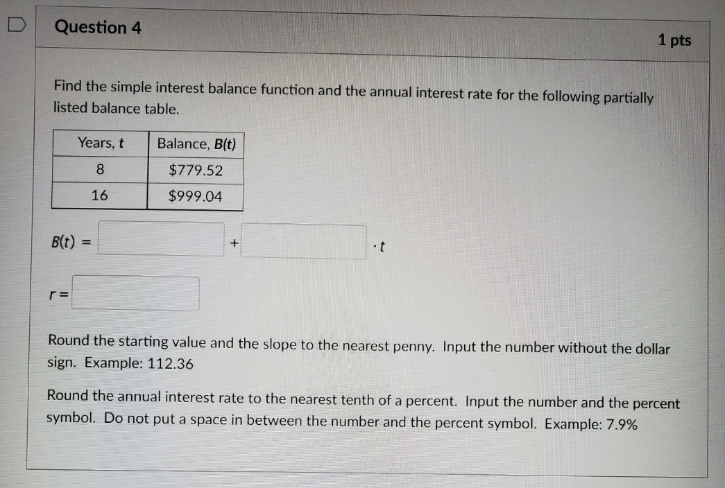 Find the simple interest balance function and the