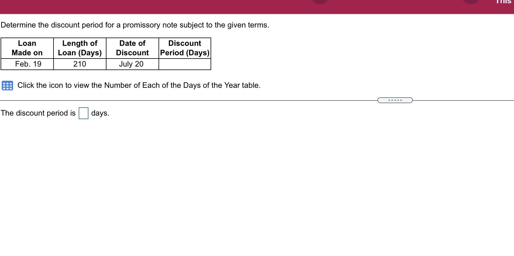Determine the discount period for a promissory