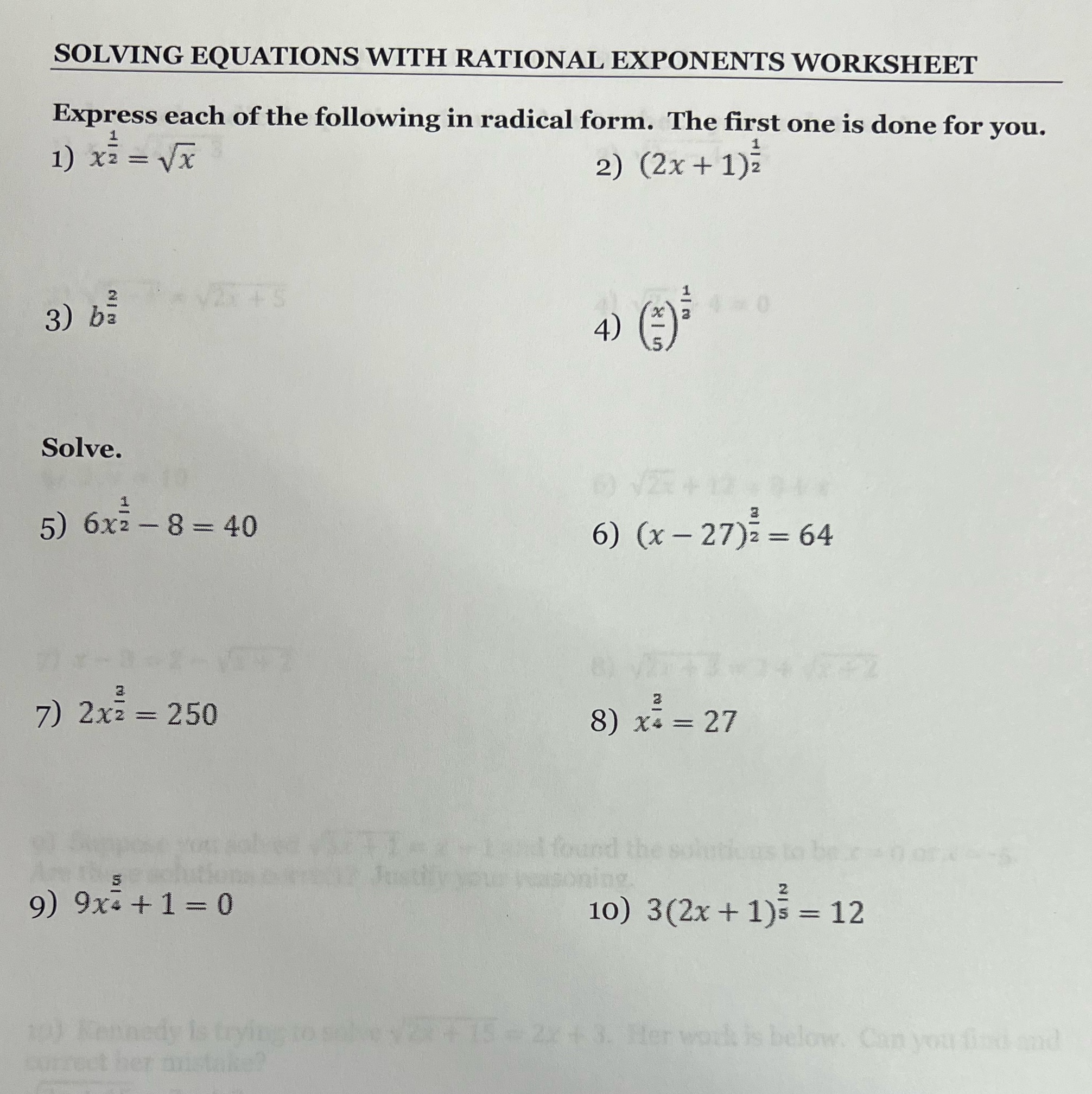 SOLVING EQUATIONS WITH RATIONAL EXPONENTS