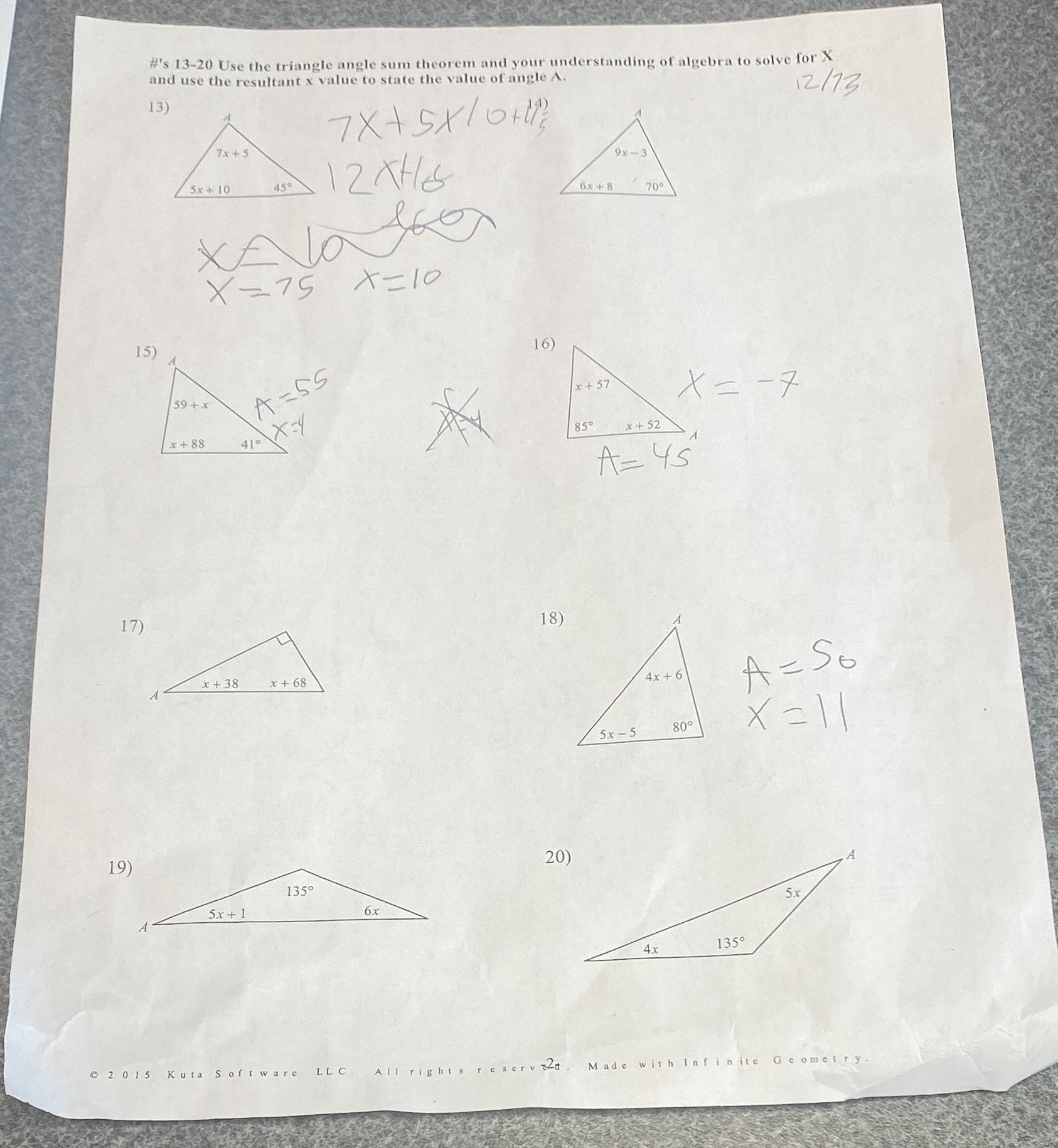 Help me #'s 13-20 Use the triangle angle sum