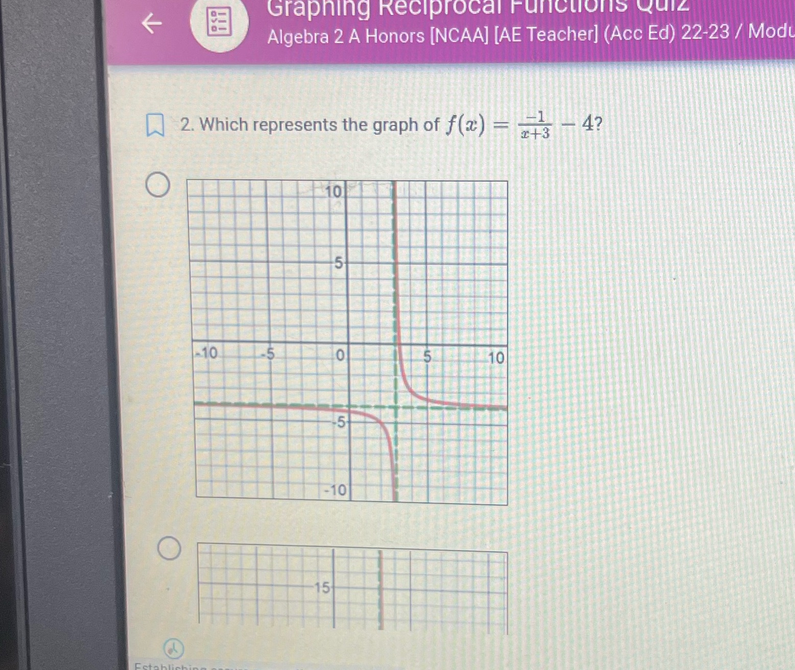 Graphing Reciprocal Functions Quiz Algebra 2 A