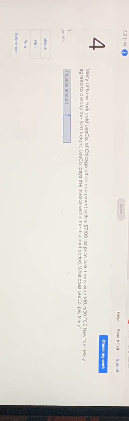 7.2 HW i Saved Help Save & Exit Submit Check my