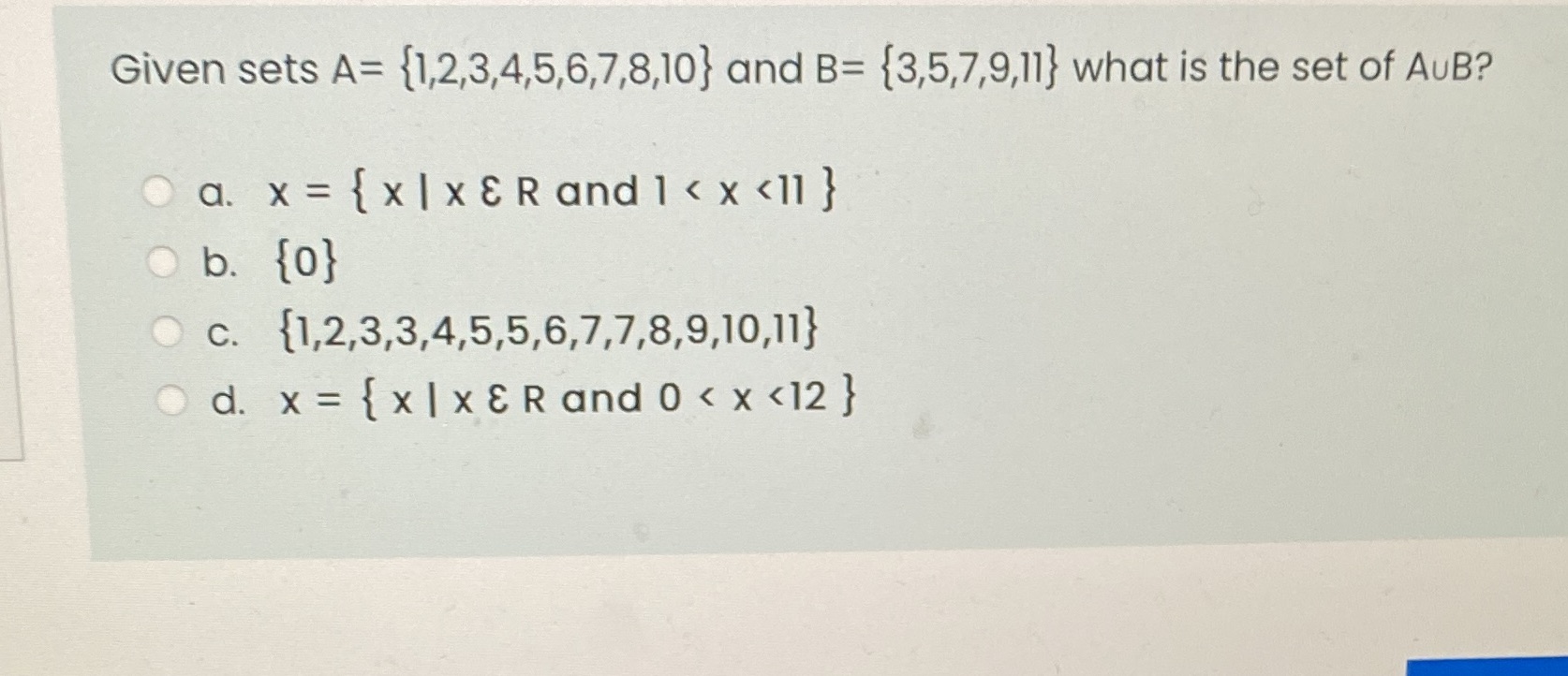 Given sets A= {1,2,3,4,5,6,7,8,10} and B=
