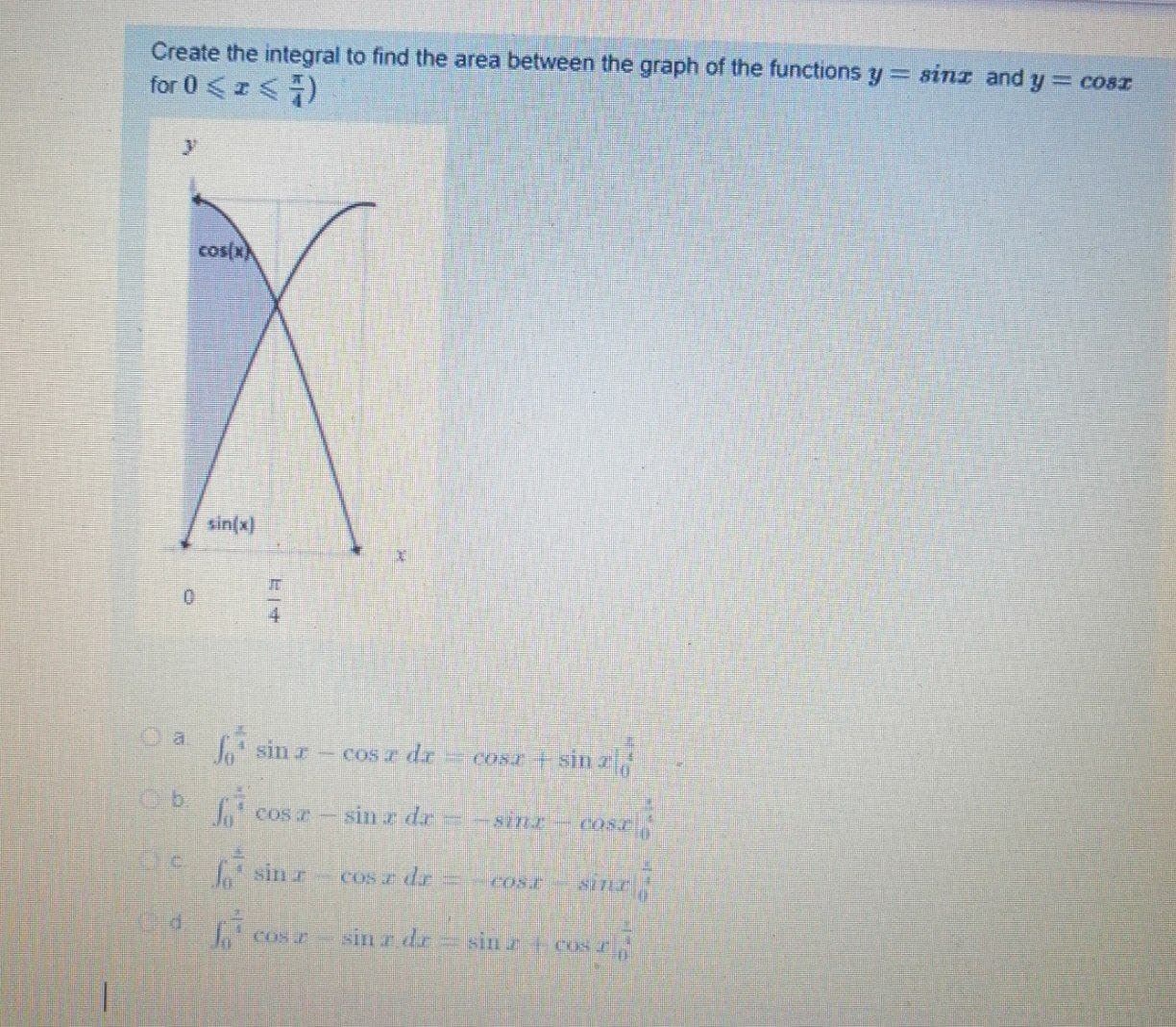 Create the integral to find the area between the
