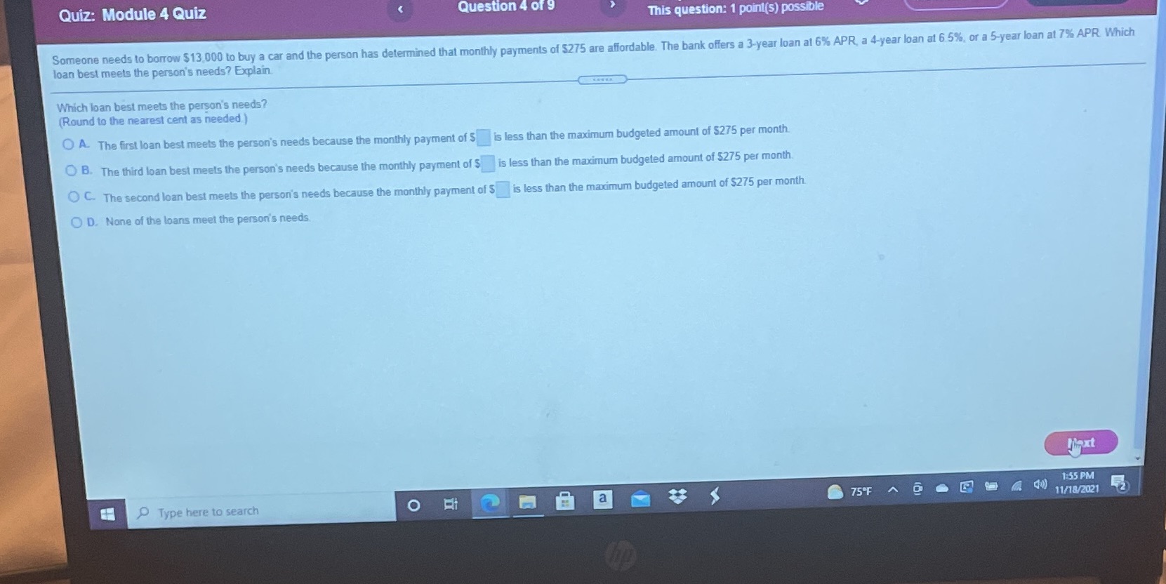 Quiz: Module 4 Quiz Question 4 of 9 This