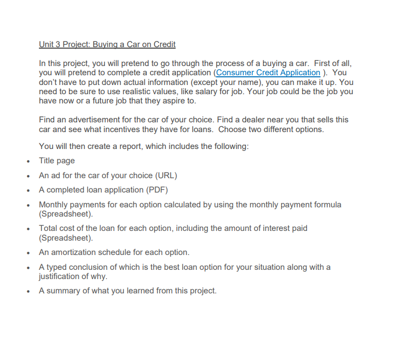 Unit 3 Proiect: Buying a Caron Credit In this