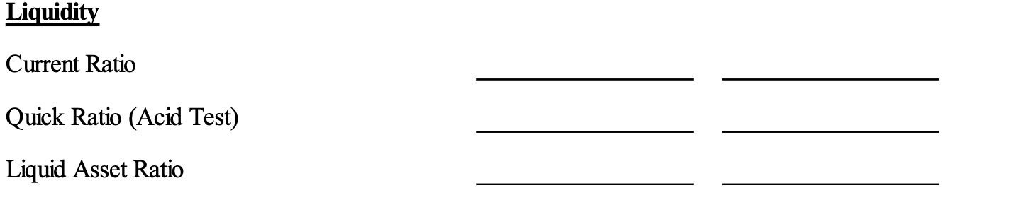 Liquidity Current Ratio Quick Ratio (Acid Test)