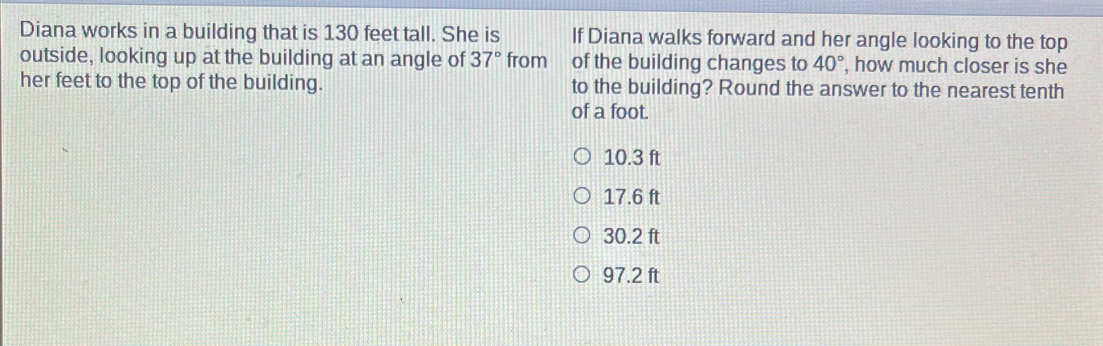Diana works in a building that is 130 feet tall.