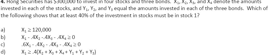 4. Hong Securities has $300,000 to invest in four