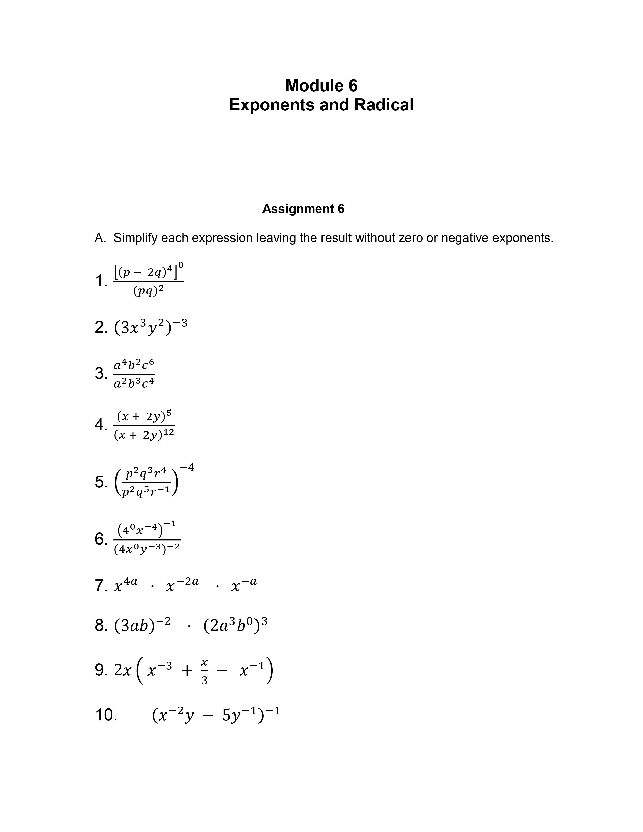 Module 6 Exponents and Radical Assignment 6 A.