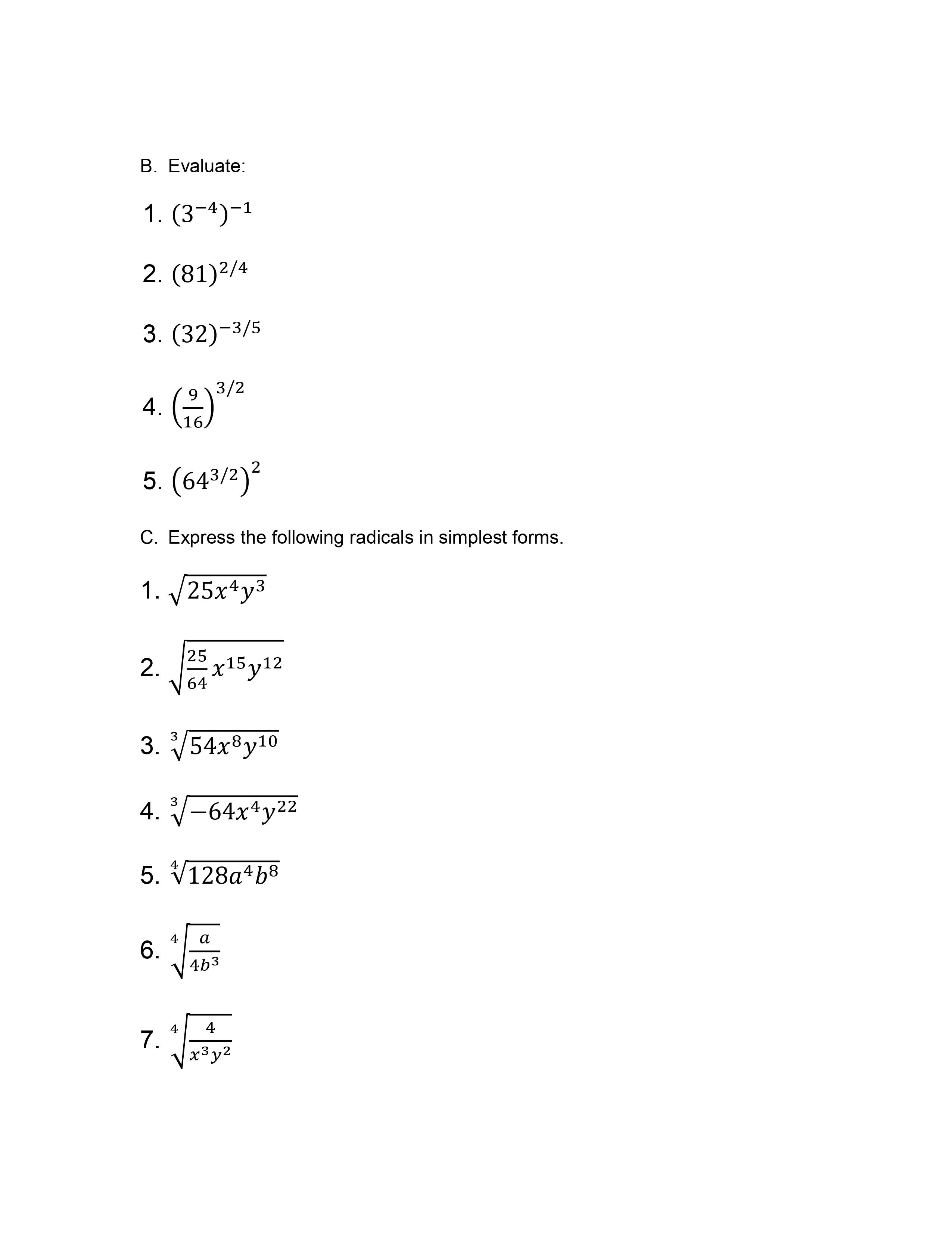 Module 6 Exponents and Radical Assignment 6 A.