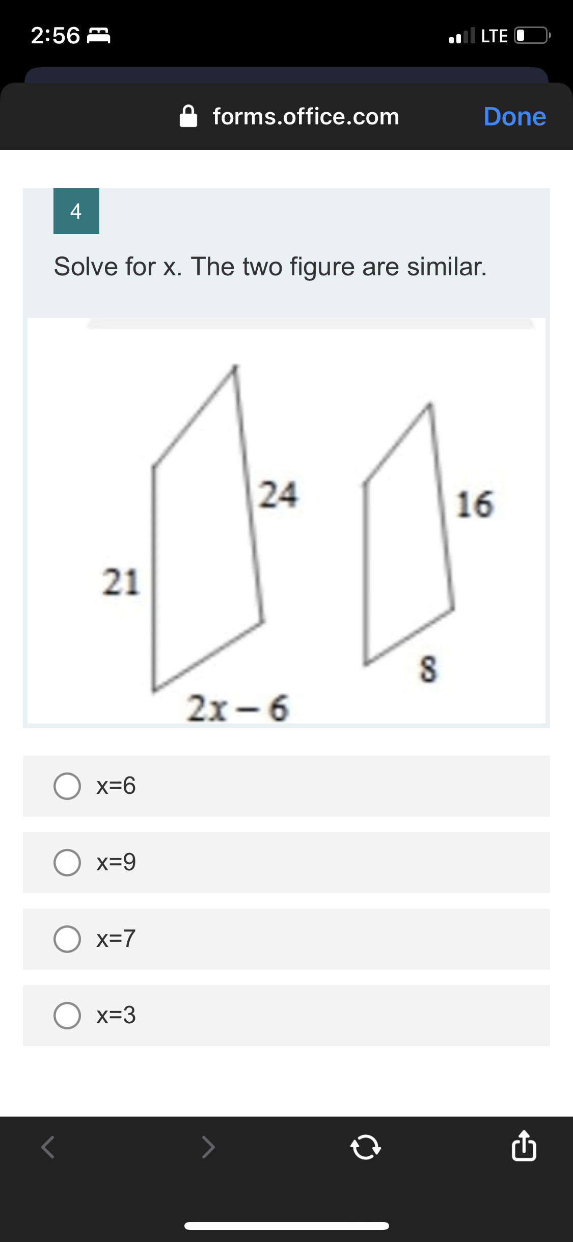 2:56 m LTE O forms.office.com Done 4 Solve for x.