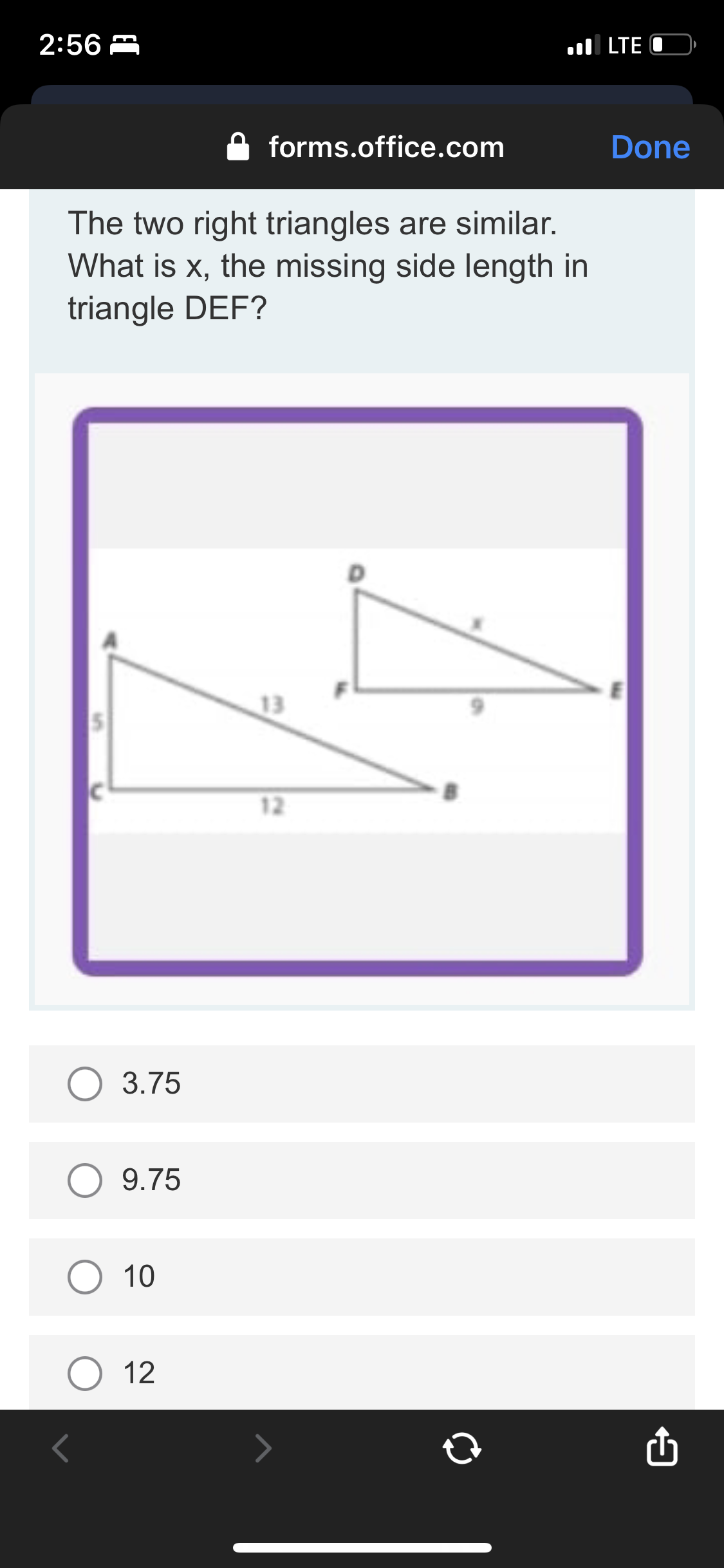 2:56 m LTE O forms.office.com Done 4 Solve for x.