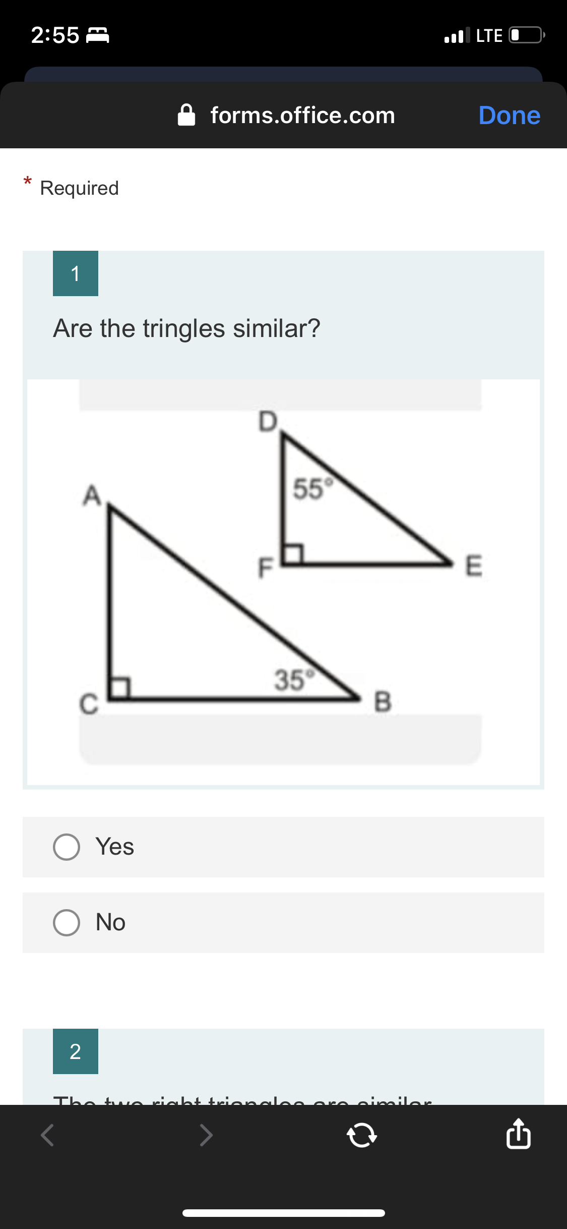 2:56 m LTE O forms.office.com Done 4 Solve for x.