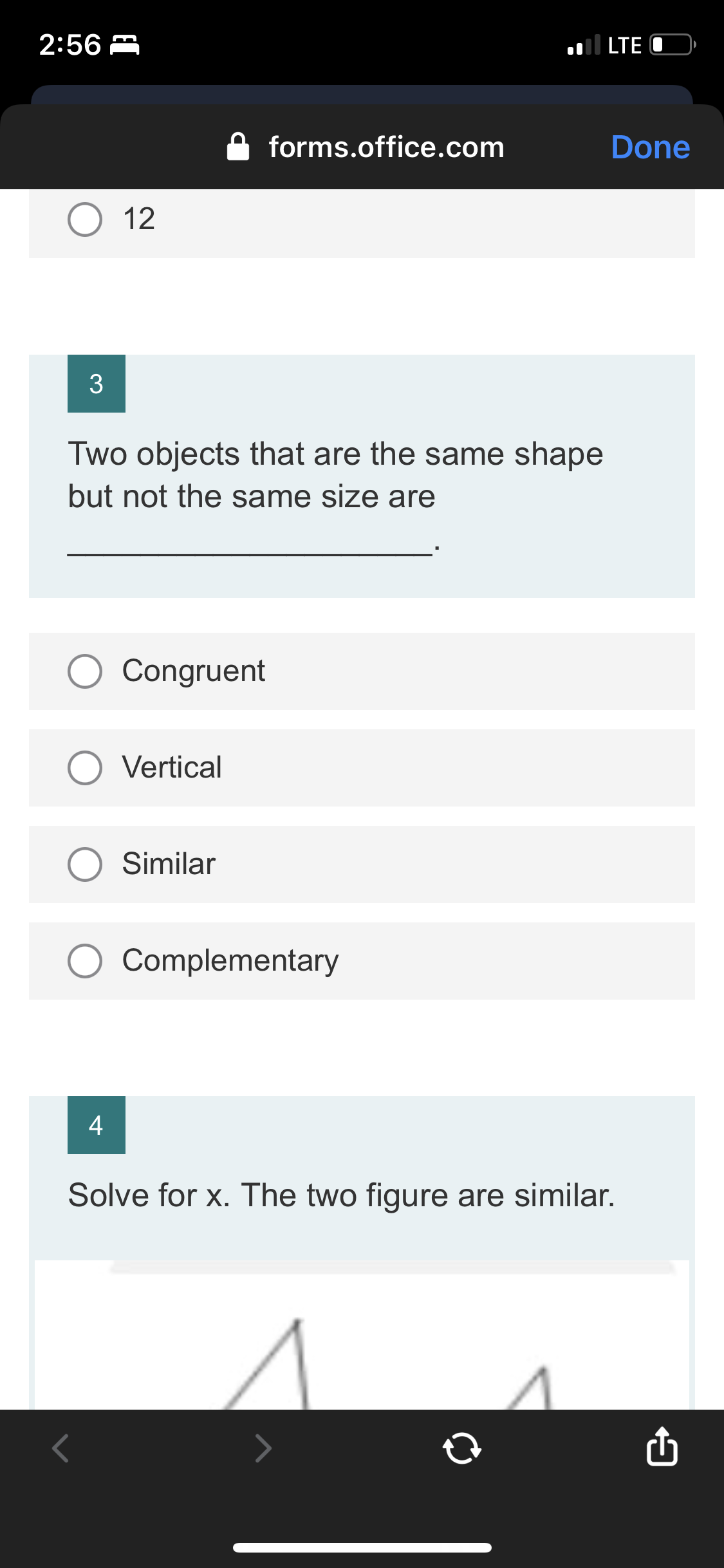 2:56 m LTE O forms.office.com Done 4 Solve for x.