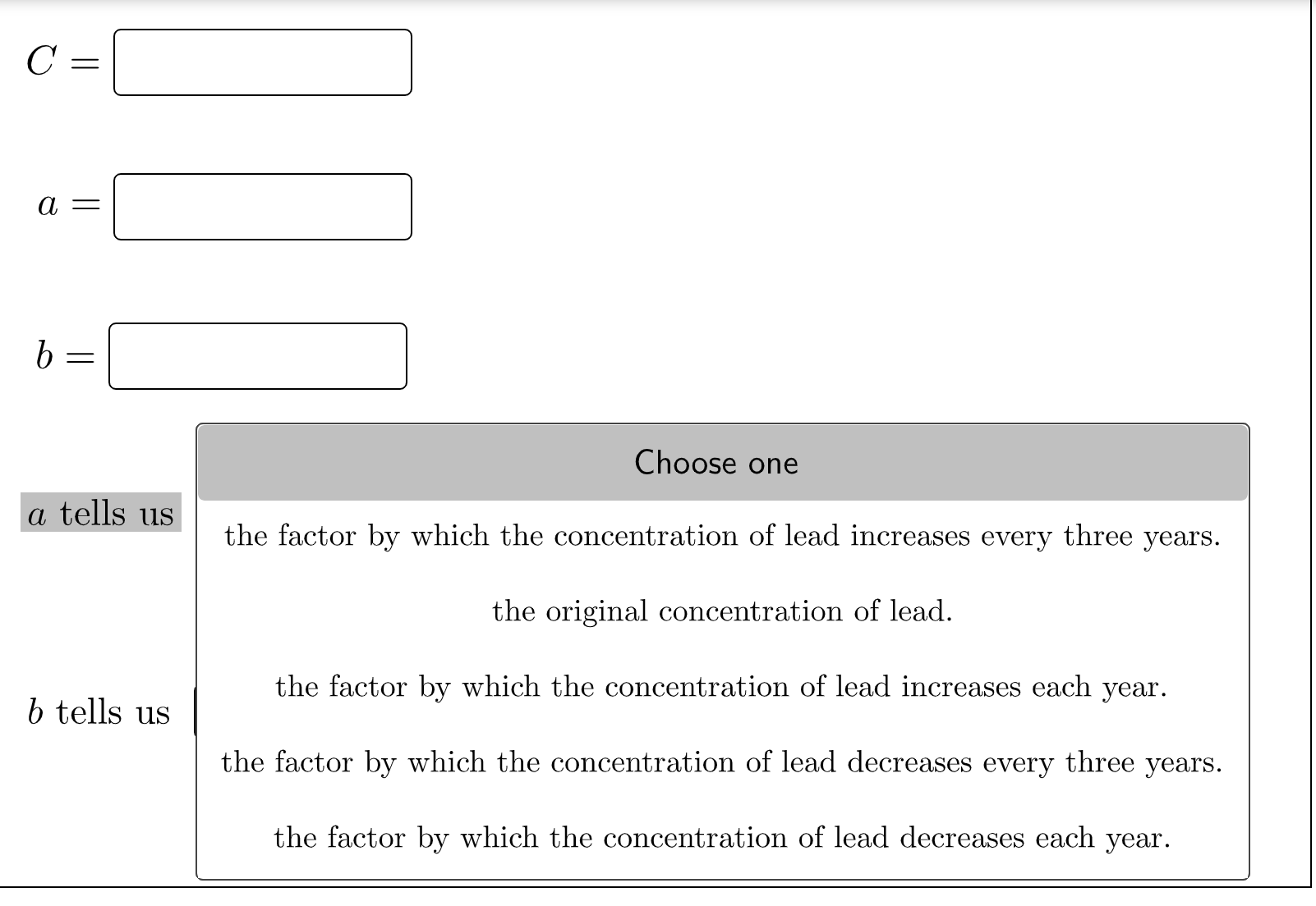 Q1 Give a formula for the concentration C of lead