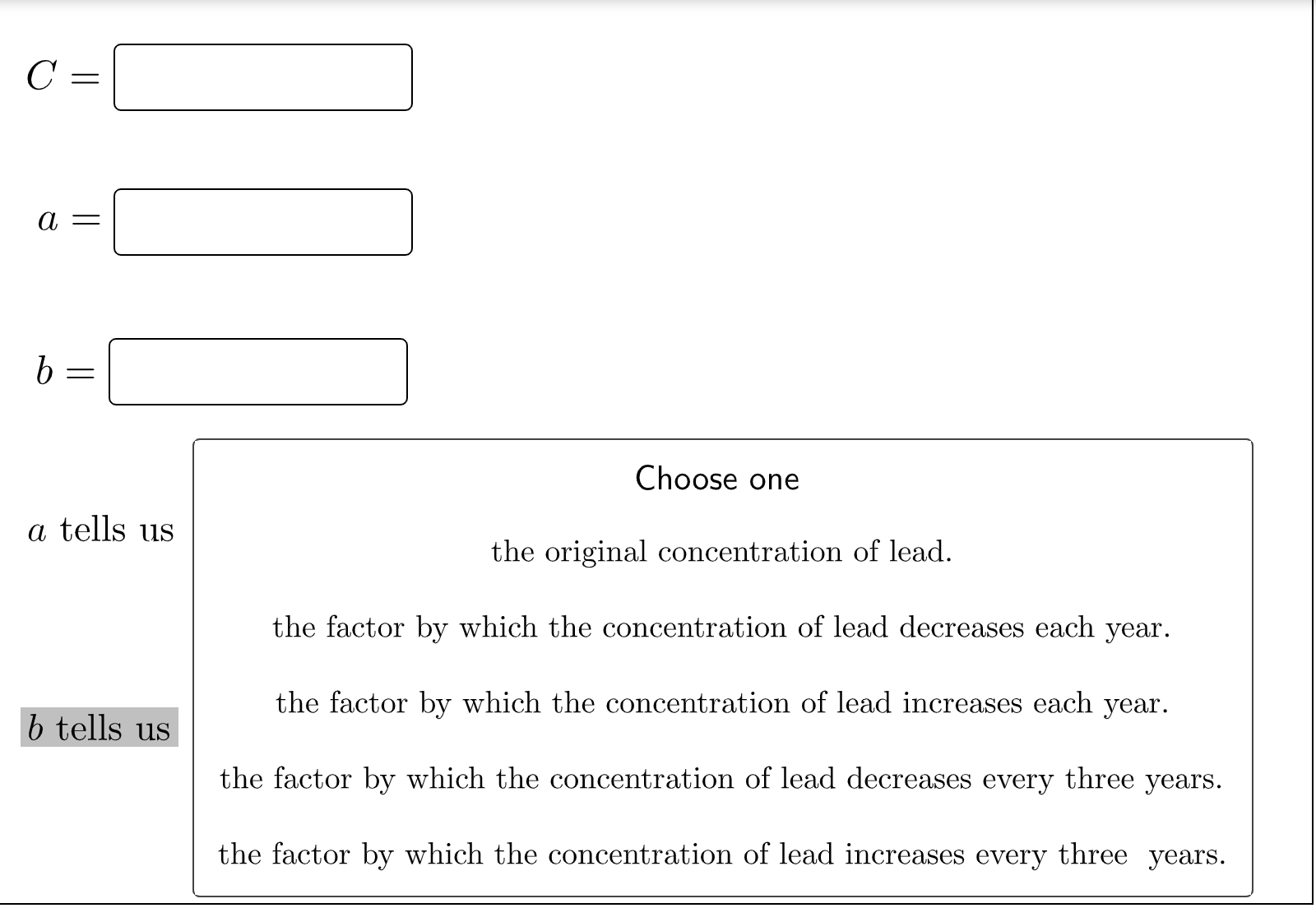 Q1 Give a formula for the concentration C of lead