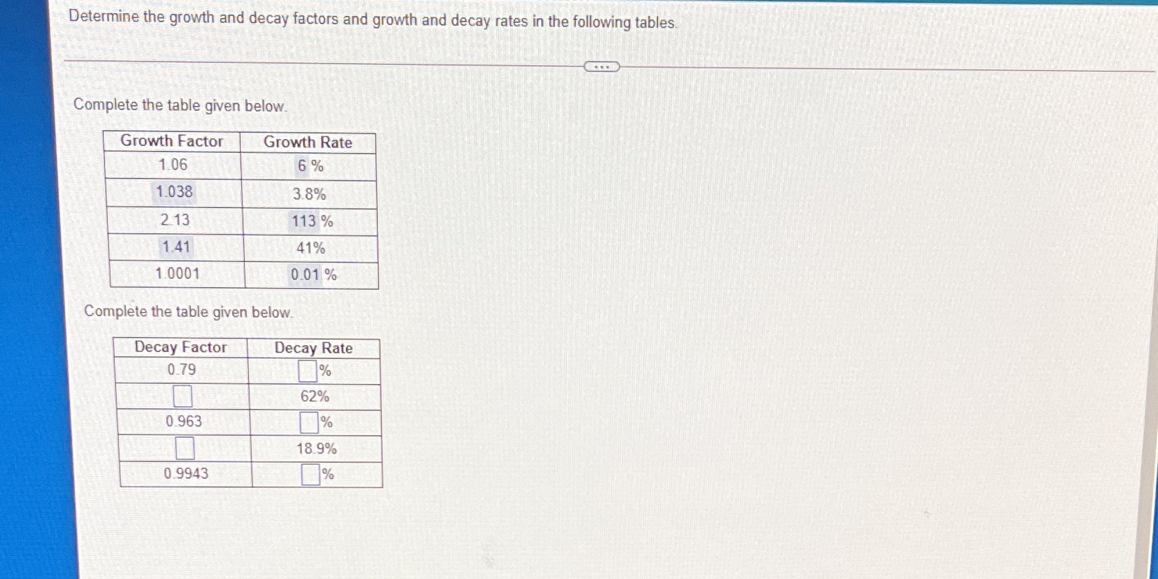 Determine the growth and decay factors and growth