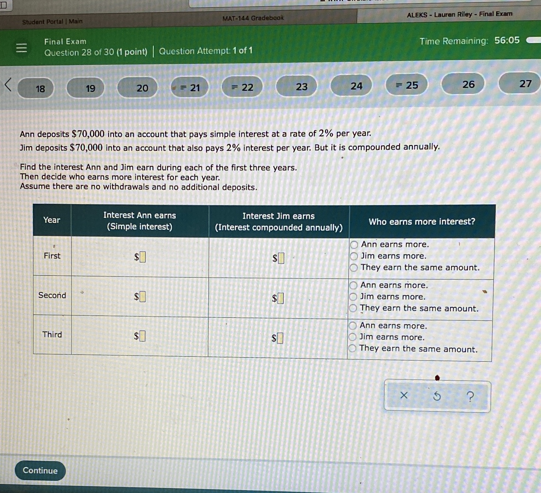 Student Portal | Main MAT-144 Gradebook ALEKS -