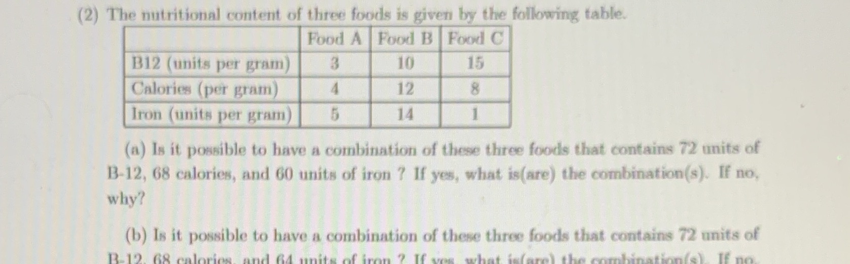 2a) (2) The nutritional content of three foods is