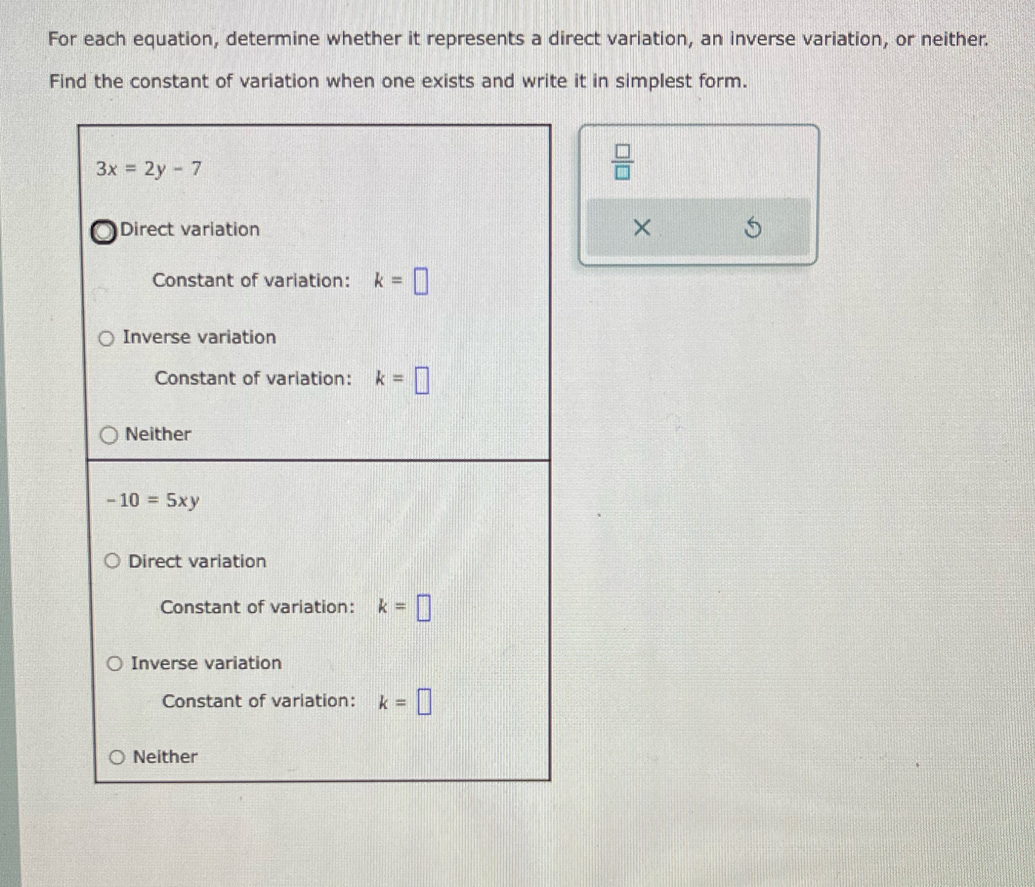 For each equation, determine whether it