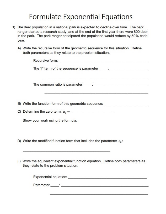 Formulate Exponential Equations 1) The deer