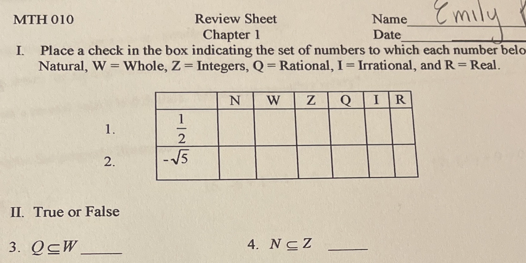 Answer number 1 MTH 010 Review Sheet Name Emily