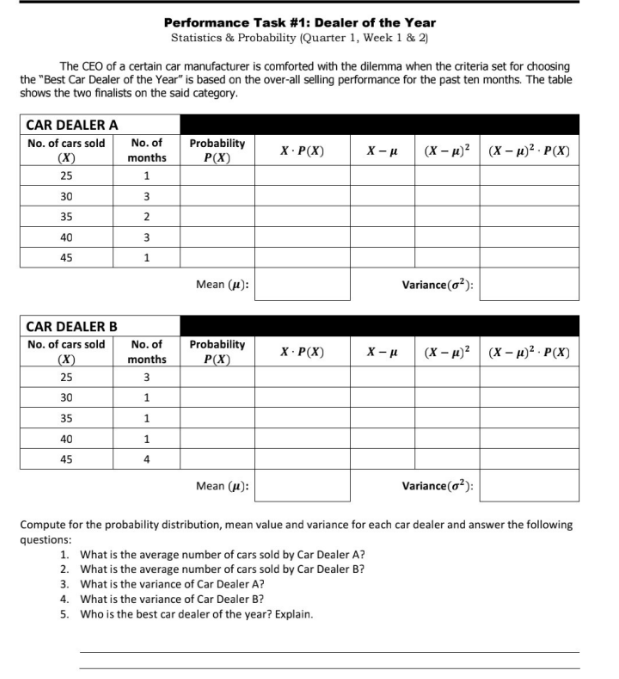 Performance Task #1: Dealer of the Year