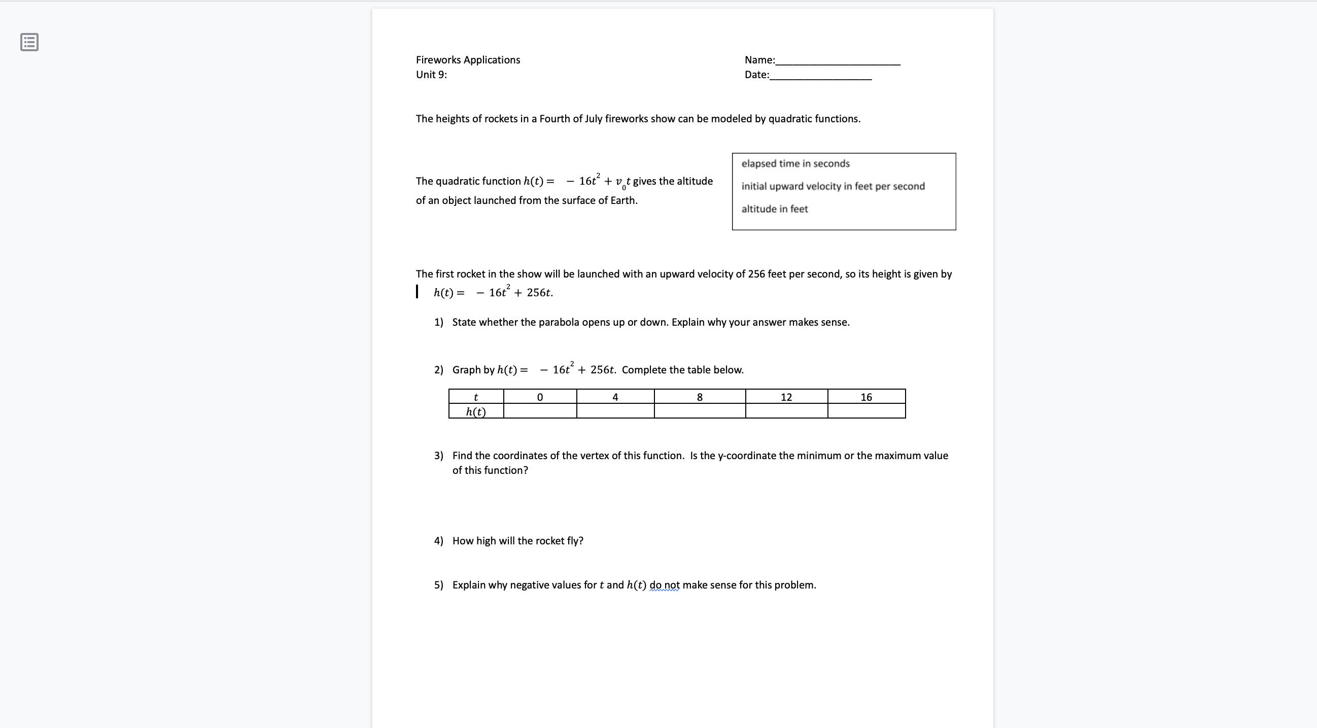 Fireworks Applications Unit 9: The heights of