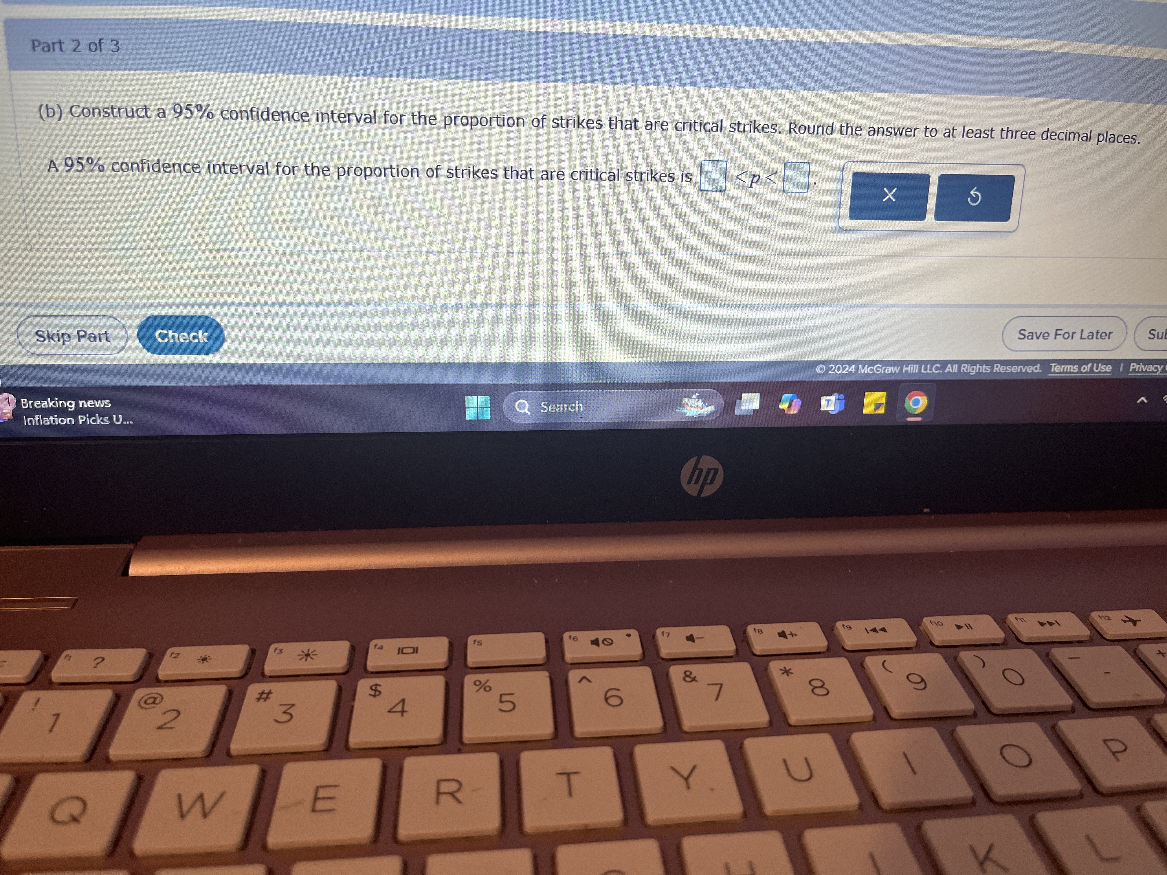 Part 2 of 3 (b) Construct a 95% confidence