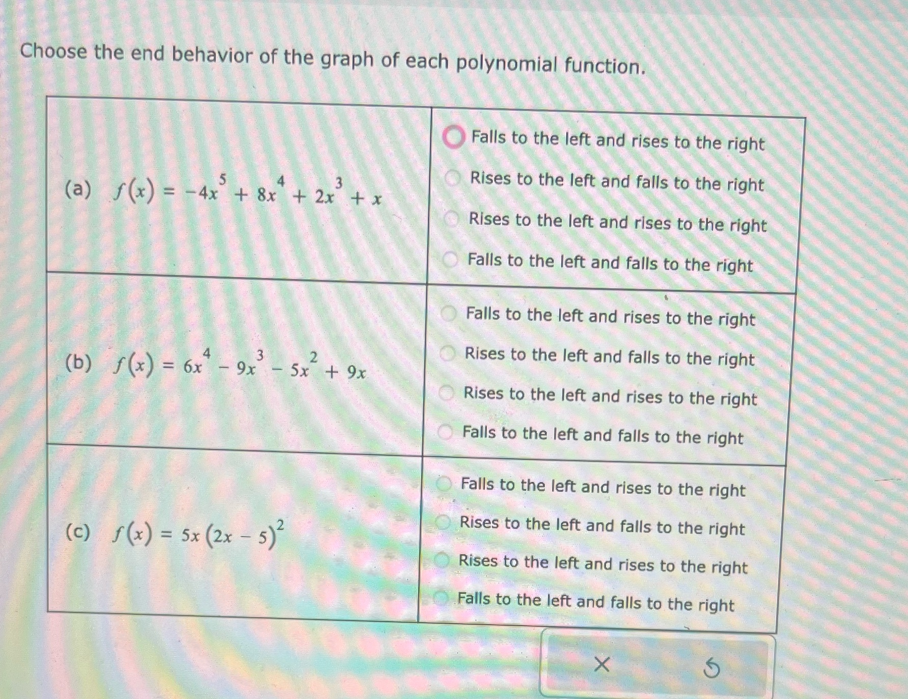 Choose the end behavior of the graph of each