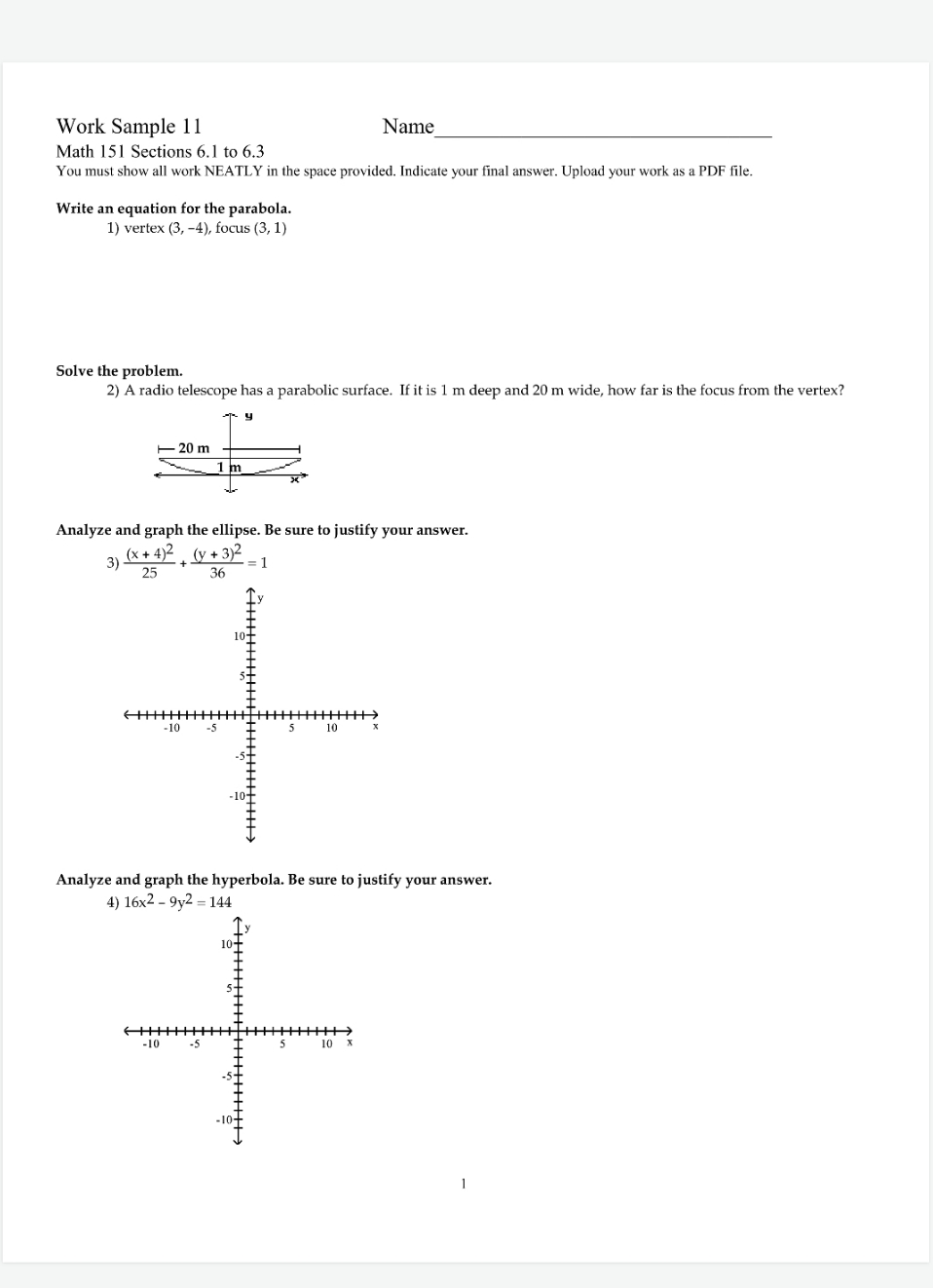 best answers Work Sample 11 Name Math 151