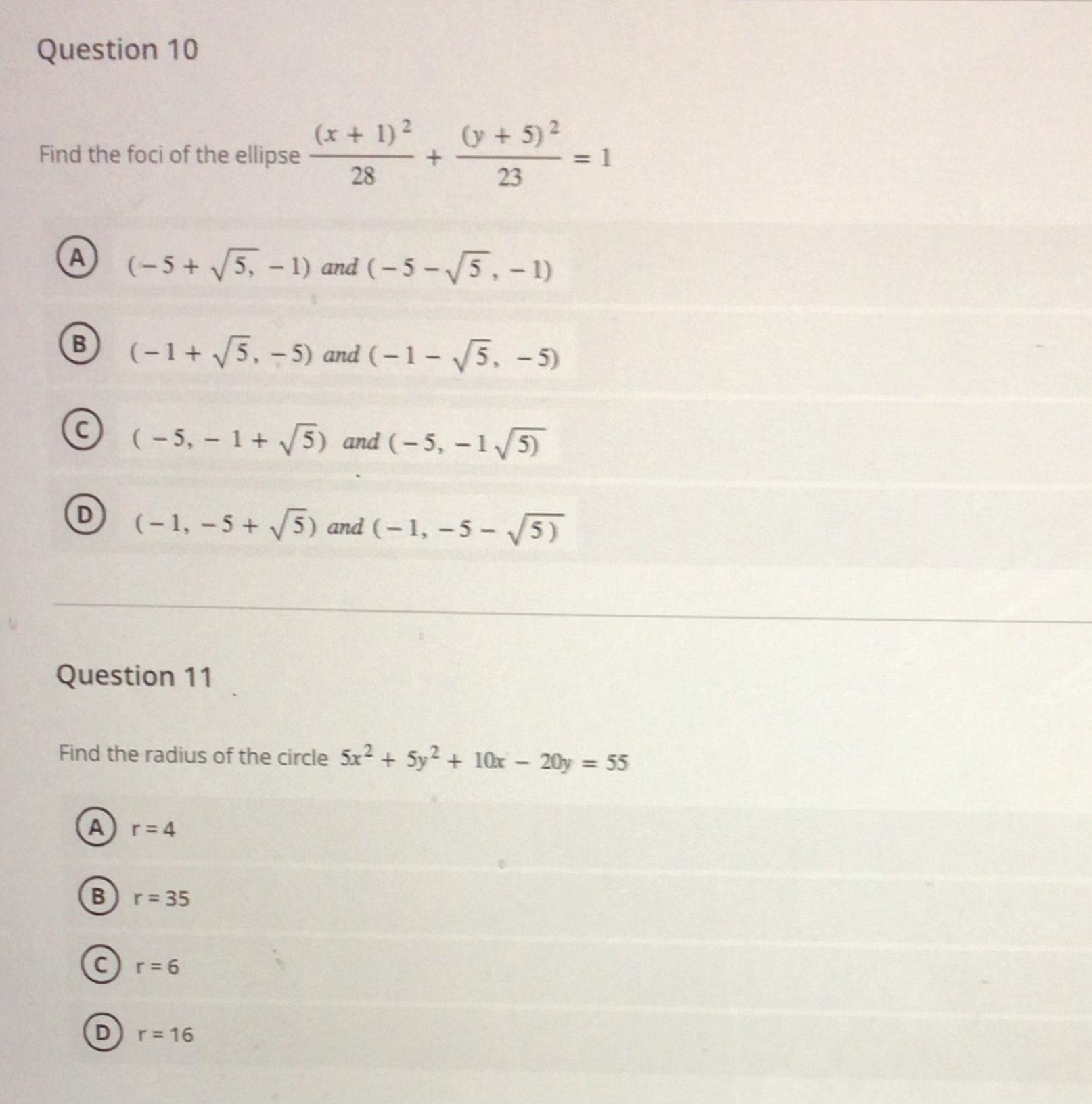 What is TheFoCi of the ellipse? Question 10 (x+