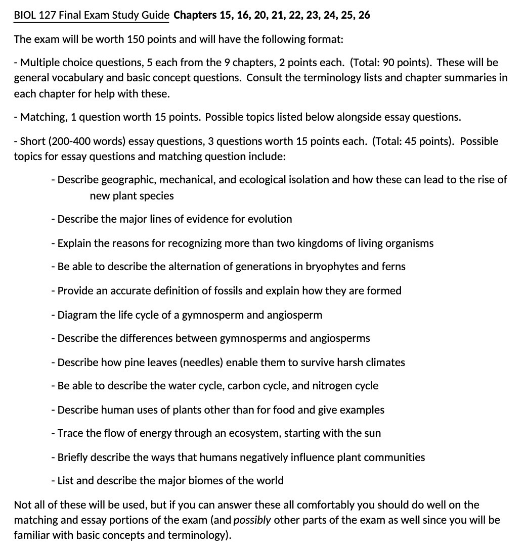 BIOL 127 Final Exam Study Guide Chapters 15, 16,