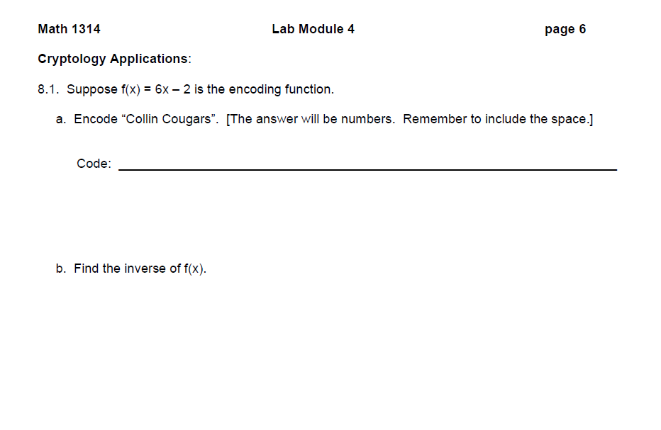 Math 1314 Lab Module 4 page 6 Cryptology