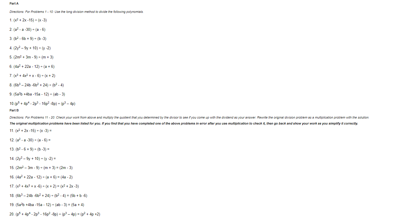 Part A Directions: For Problems 1 - 10: Use the