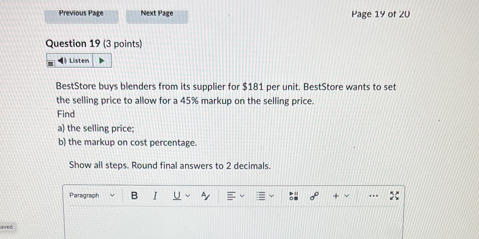 Previous Page Next Page Page 14 of 20 Question 19
