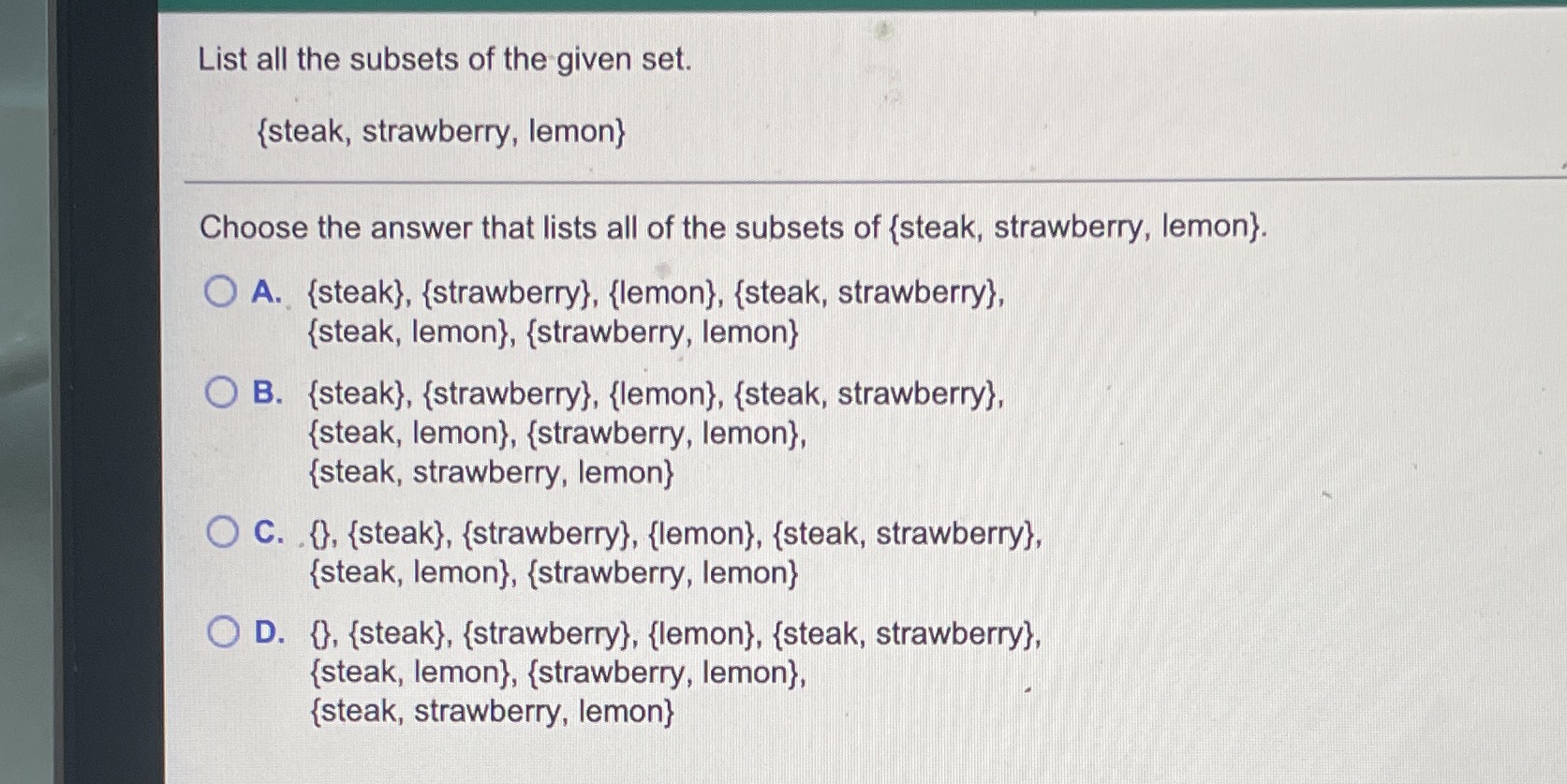 What's the answer? List all the subsets of the