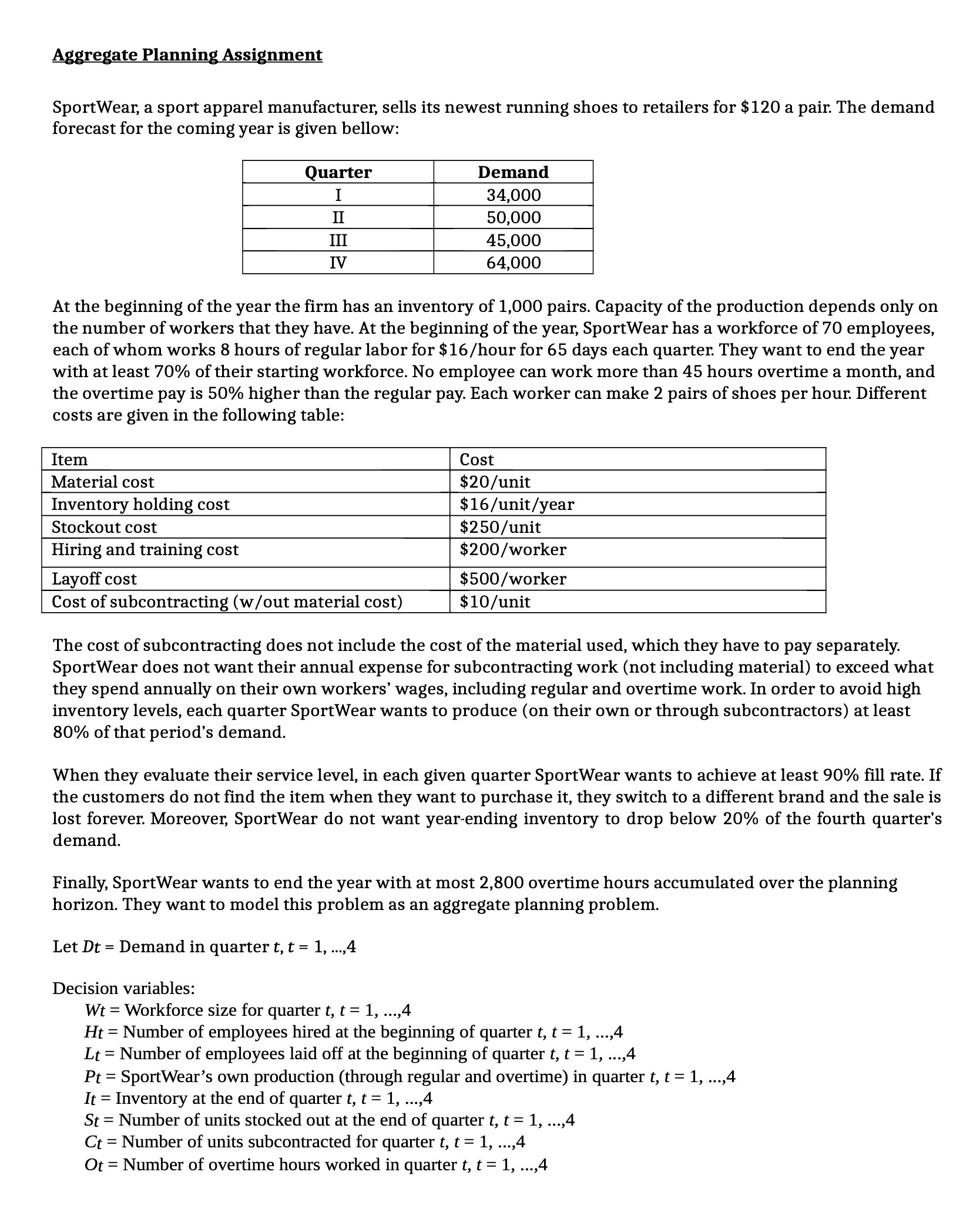 Aggregate Planning Assignment SportWear, a sport
