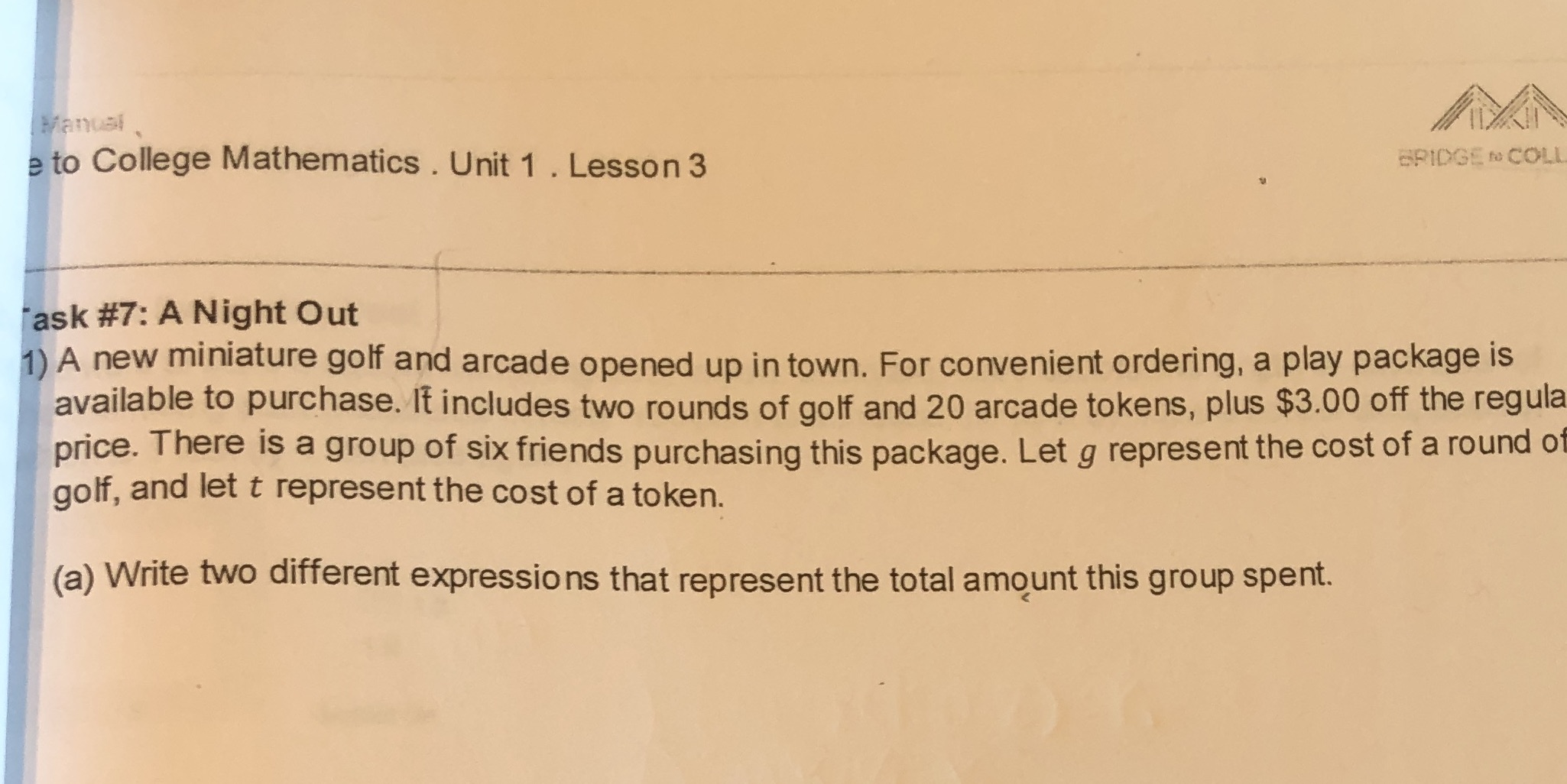 Manual e to College Mathematics . Unit 1 . Lesson