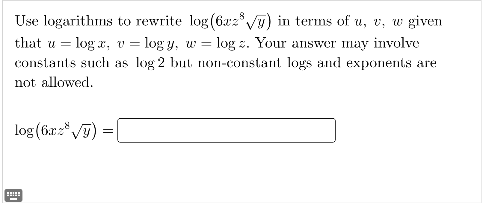 Q1 Use logarithms to rewrite log (63:28) in terms